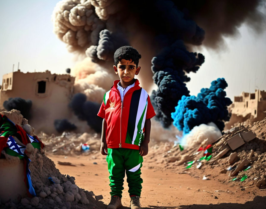 Boy in colorful tracksuit amidst billowing smoke and damaged buildings