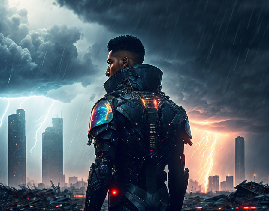 Futuristic soldier in advanced armor overlooking stormy cityscape