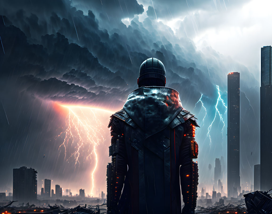 Dark armored figure gazes at dystopian cityscape under stormy skies.