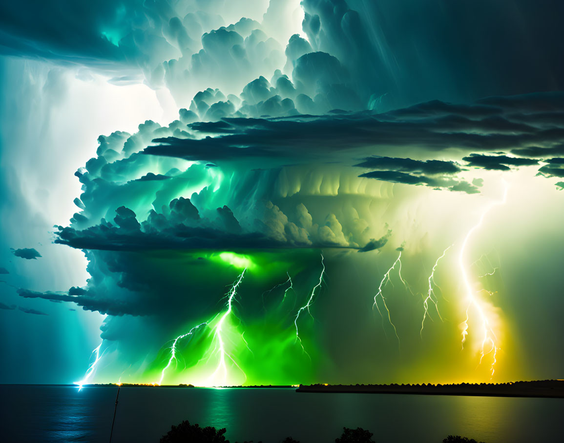 Thunderstorm over water with multiple lightning strikes and green clouds