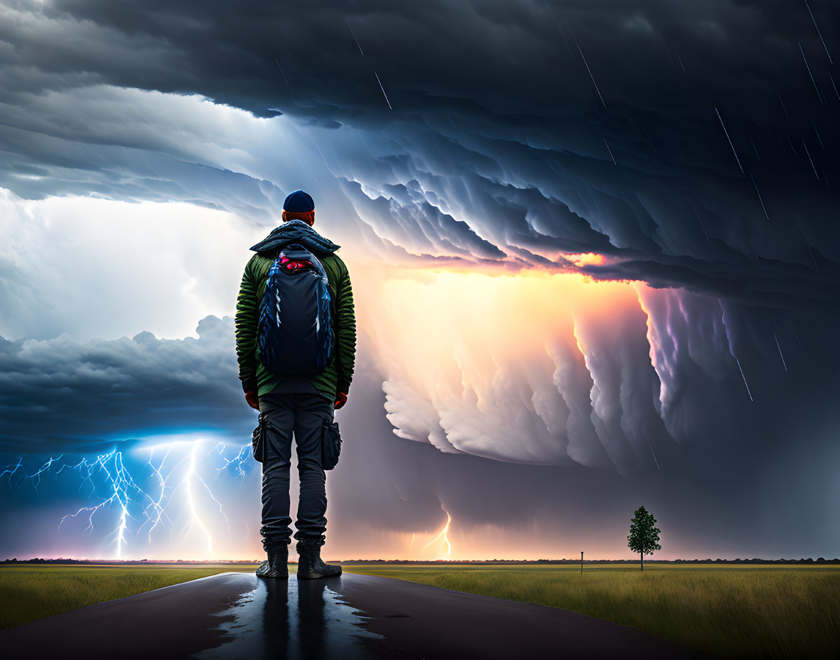 Person facing dramatic thunderstorm with lightning strikes and glowing sunset on road