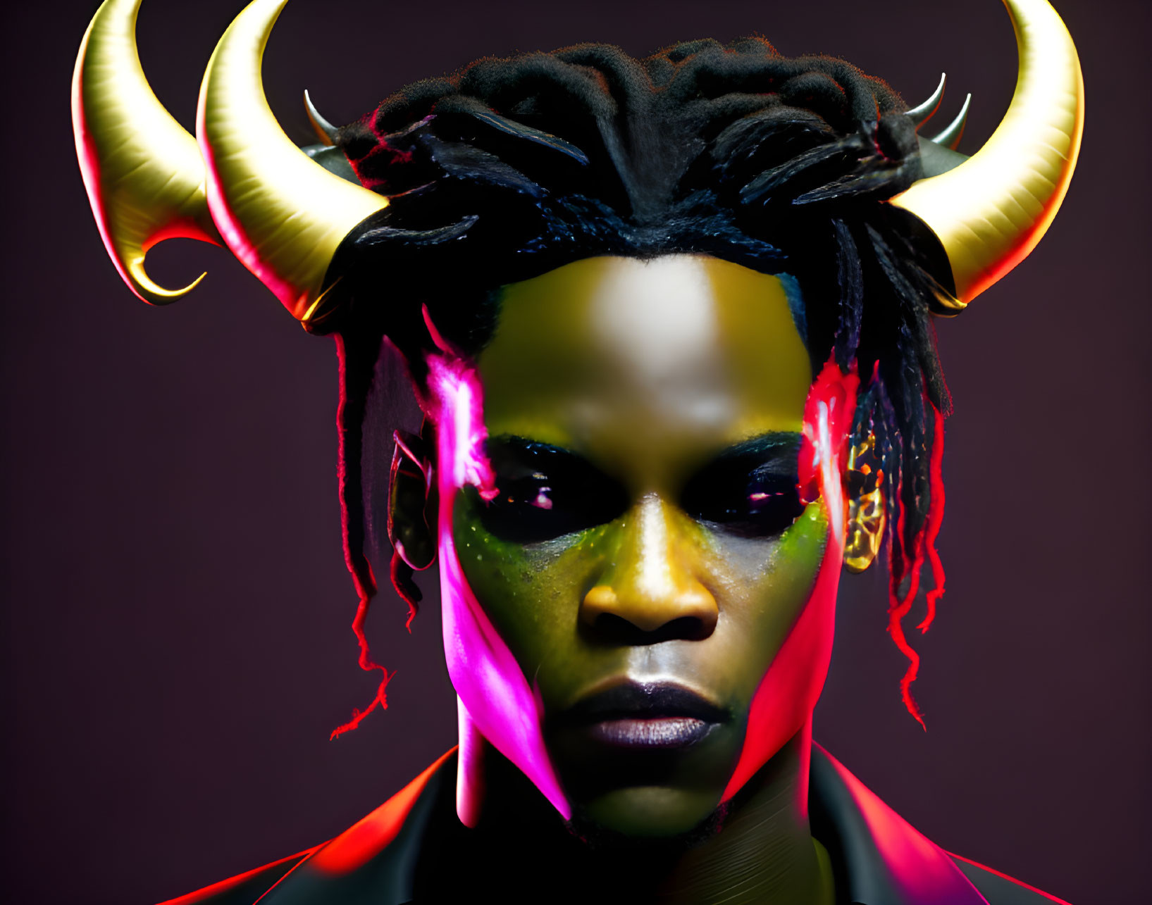 Futuristic character with stylized horns and neon face paint on dark background