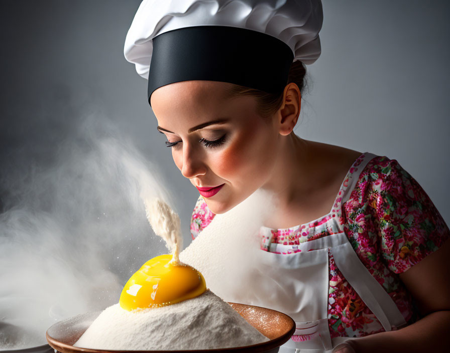 Female chef pouring egg into flour with cloud of powder - Cooking Scene