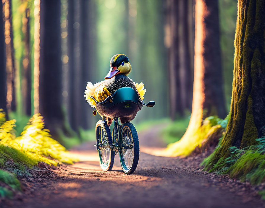 Rubber duck with helmet on bicycle in forest scene