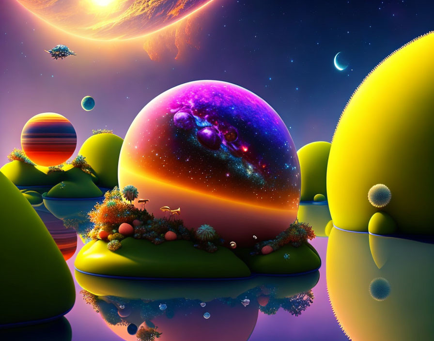 Colorful Alien Landscape with Fantastical Flora and Celestial Bodies