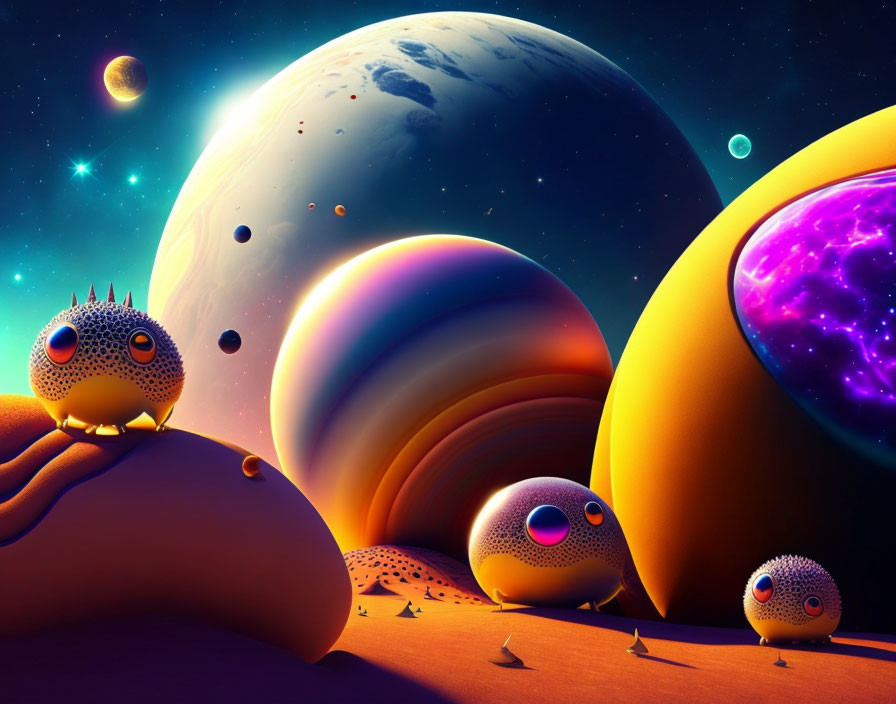 Colorful cosmic landscape with stylized spheres and fantastical planets