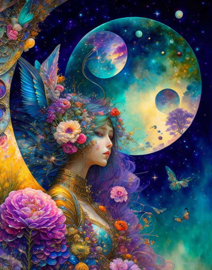 Celestial woman with flowers, butterflies, and planets in fantasy artwork