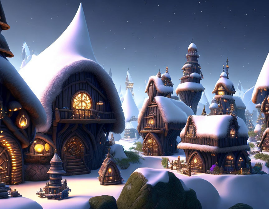 Fantasy village with snow, lit houses, spires, night sky, mountains