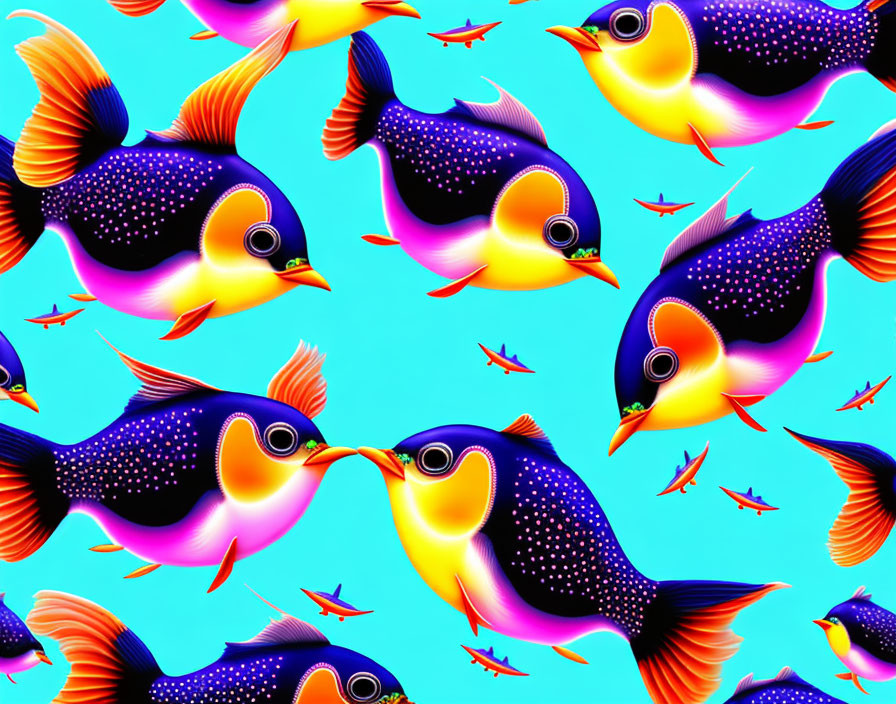 Colorful Tropical Fish Pattern on Turquoise Background