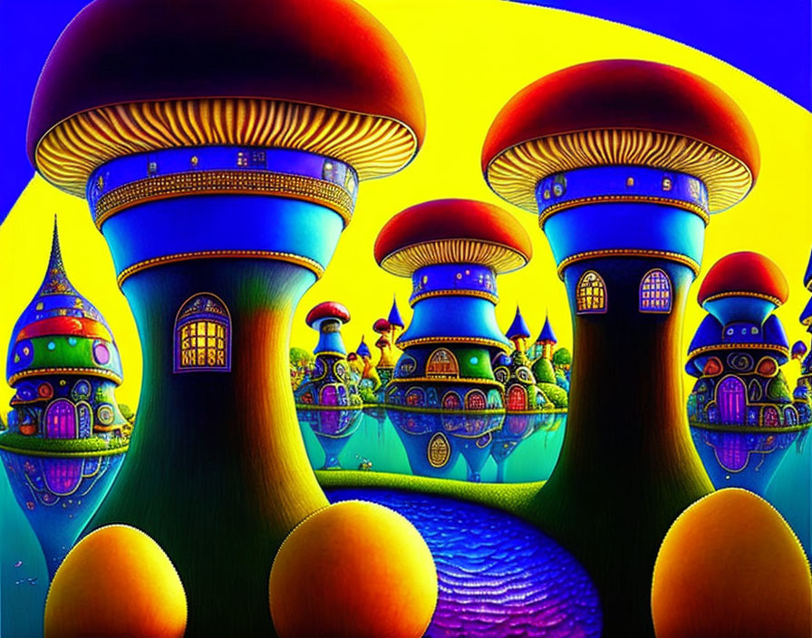 Colorful psychedelic illustration with mushroom-shaped structures in a vibrant landscape