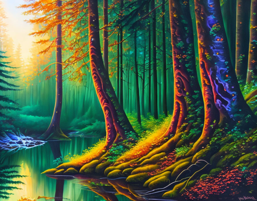 Lush green forest painting with river and colorful foliage