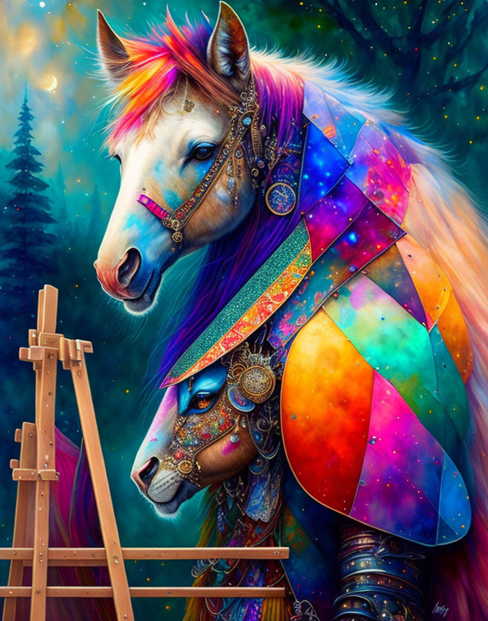 Colorful artwork featuring two horses with cosmic and multicolored elements against a starlit background.