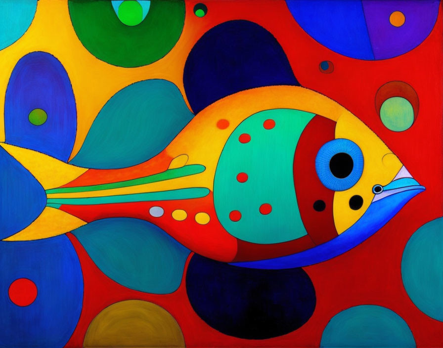 Vibrant fish painting with whimsical design on red background