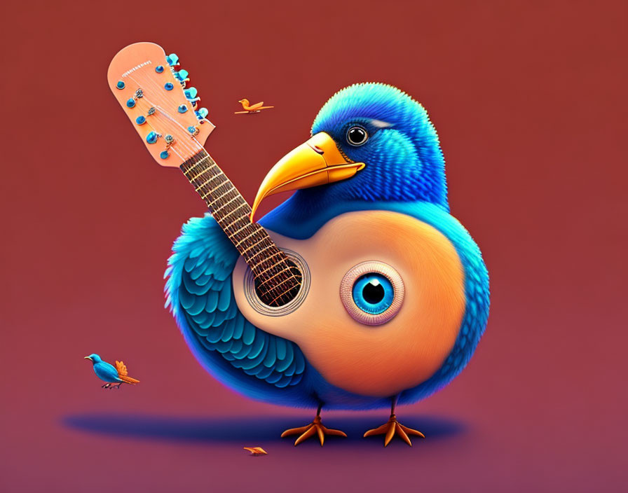 Stylized illustration of a blue bird with guitar on warm background