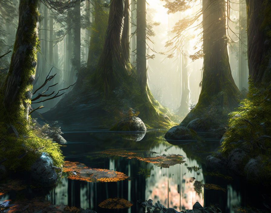 Tranquil forest scene with moss-covered trees, pond, floating leaves, and sunbeams