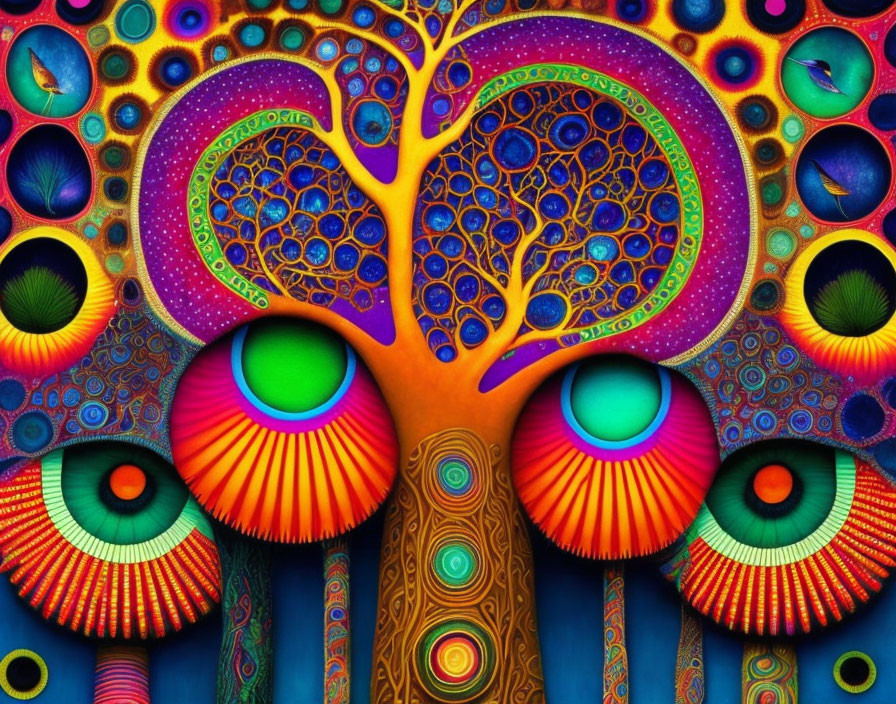 Colorful psychedelic tree with peacock feather leaves on intricate backdrop