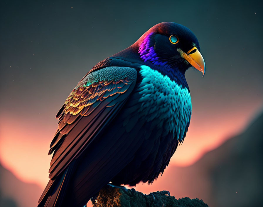 Colorful iridescent bird on rock at sunset