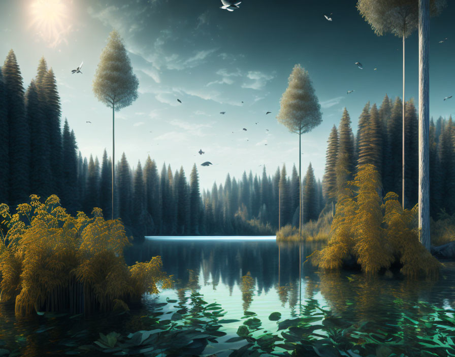 Tranquil forest scene with tall trees, reflective lake, birds, and sunlight.