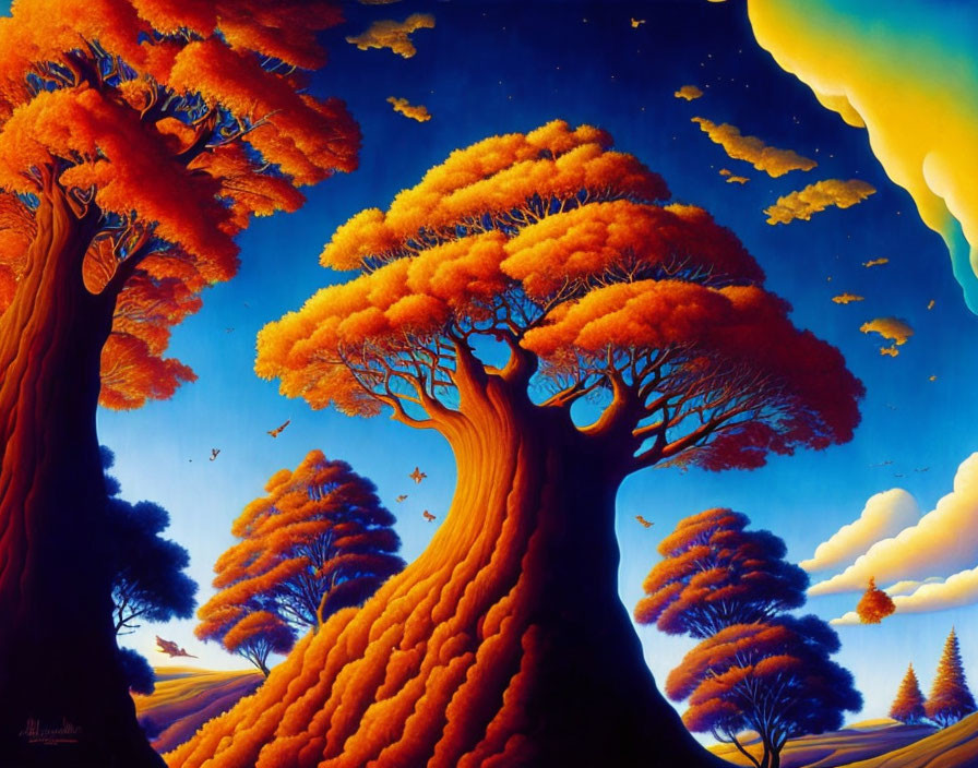 Vivid surreal landscape with orange trees, undulating hills, and blue sky