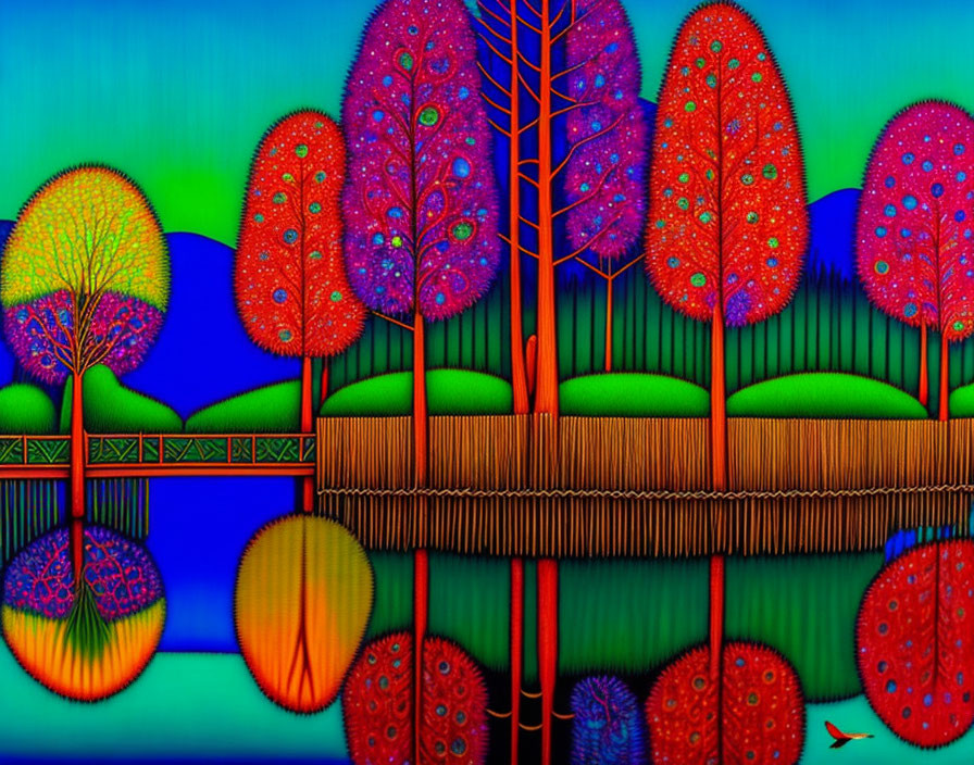 Colorful digital artwork: stylized trees, wooden bridge, red fish