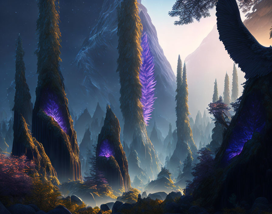 Enchanting forest with glowing purple trees under starry sky