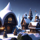 Fantasy village with snow, lit houses, spires, night sky, mountains