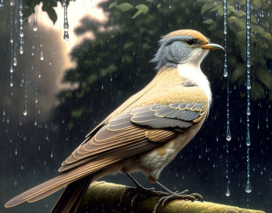 Detailed illustration: Brown and white bird perched on branch in rain with forest backdrop