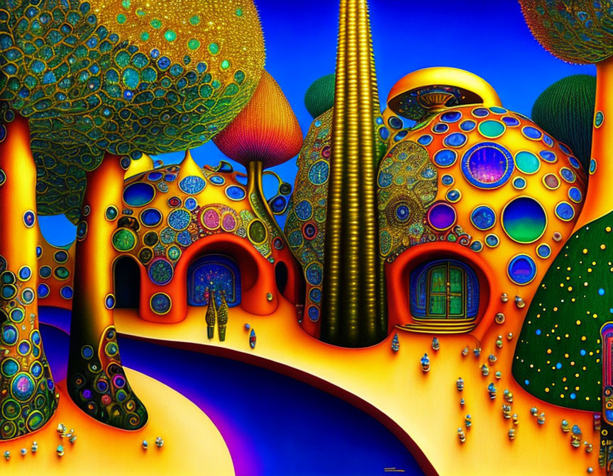 Colorful psychedelic landscape with mushroom structures and river