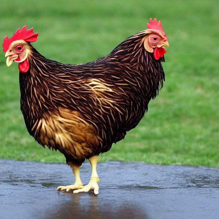 Brown chicken with red comb and grass background on gray surface