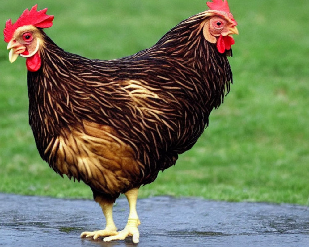 Brown chicken with red comb and grass background on gray surface