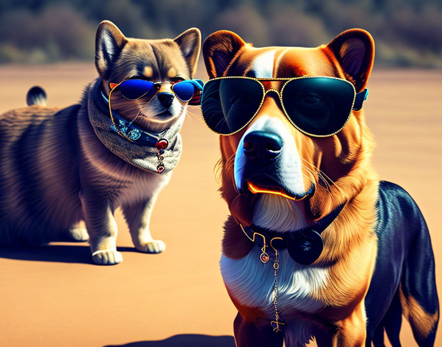 Stylized dogs in sunglasses and bandanas on sandy backdrop
