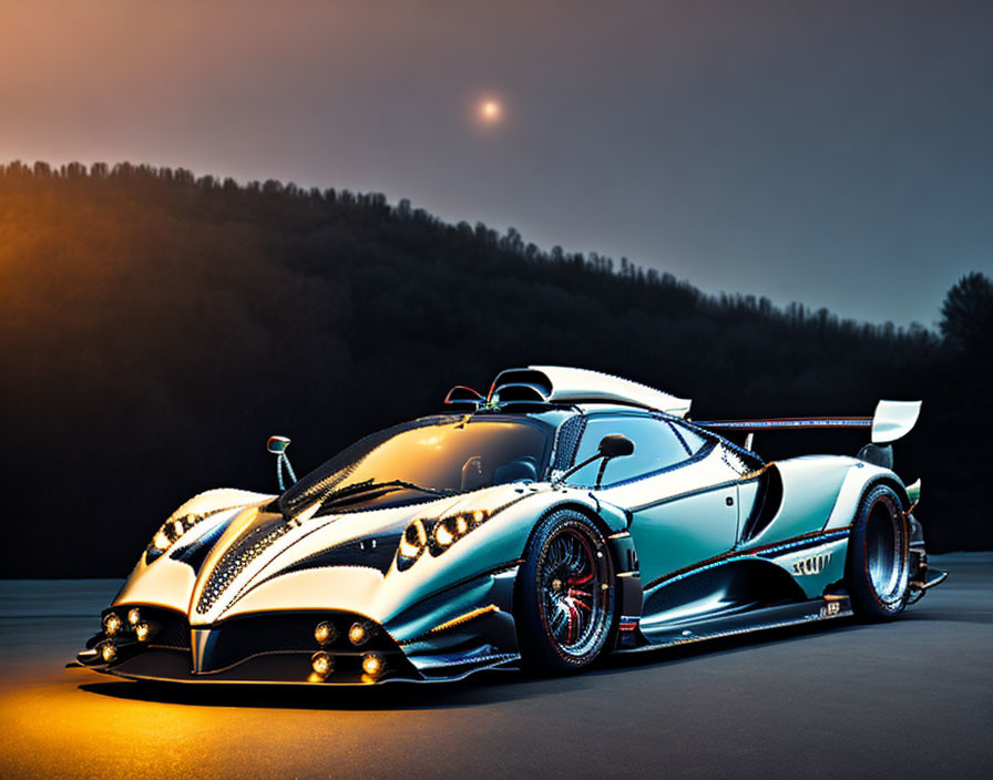 Glossy Sports Car with Blue Accents Parked on Asphalt at Dusk