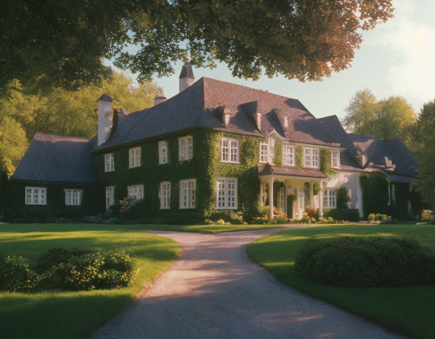 Spacious traditional house with ivy-covered walls and manicured lawns