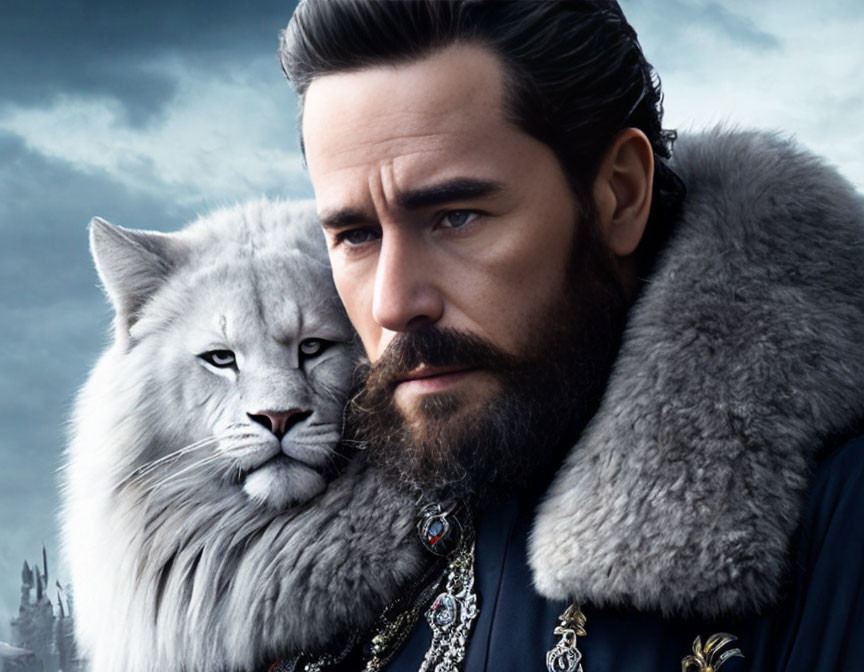 Dark-haired man in royal attire with large white feline on moody sky backdrop