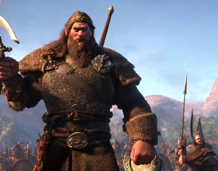 CGI Viking warrior with beard, axe, shield on battlefield.