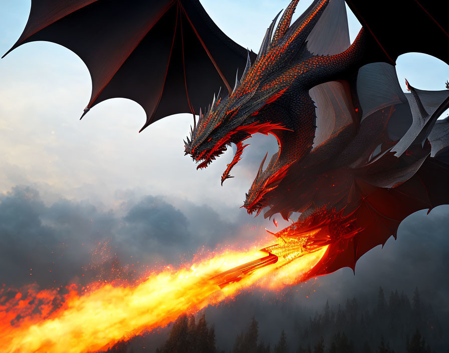 Dragon breathing flames in forested landscape at dusk