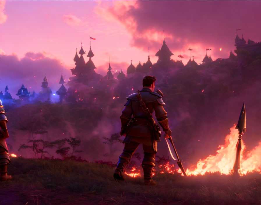 Fantasy city at dusk with animated warriors and glowing fires