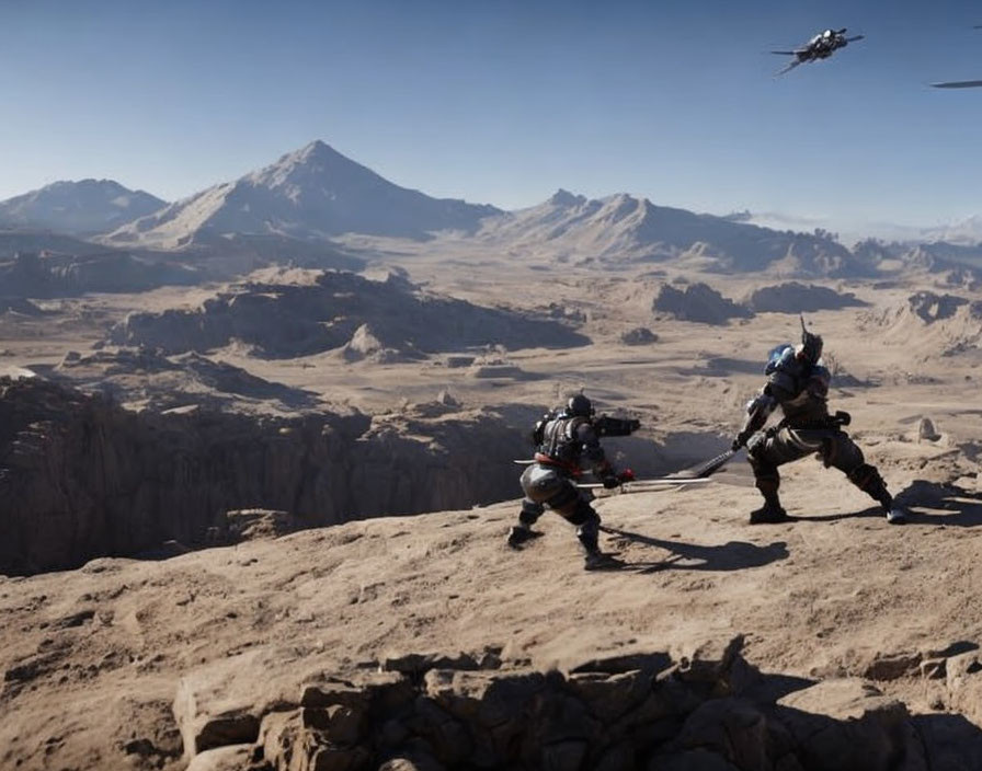 Two individuals in combat gear running on rocky terrain with helicopter and mountains.