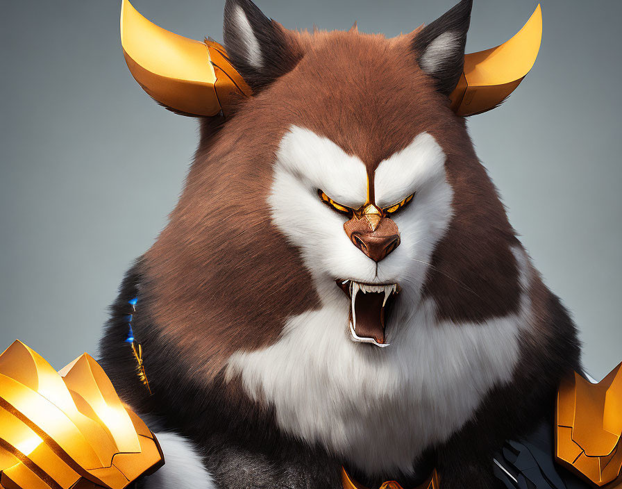 Brown and white fur, golden horns, and glowing yellow eyes on fierce animated creature.