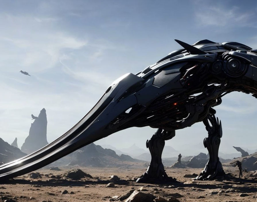 Futuristic mechanical creature on barren landscape with distant rock formations