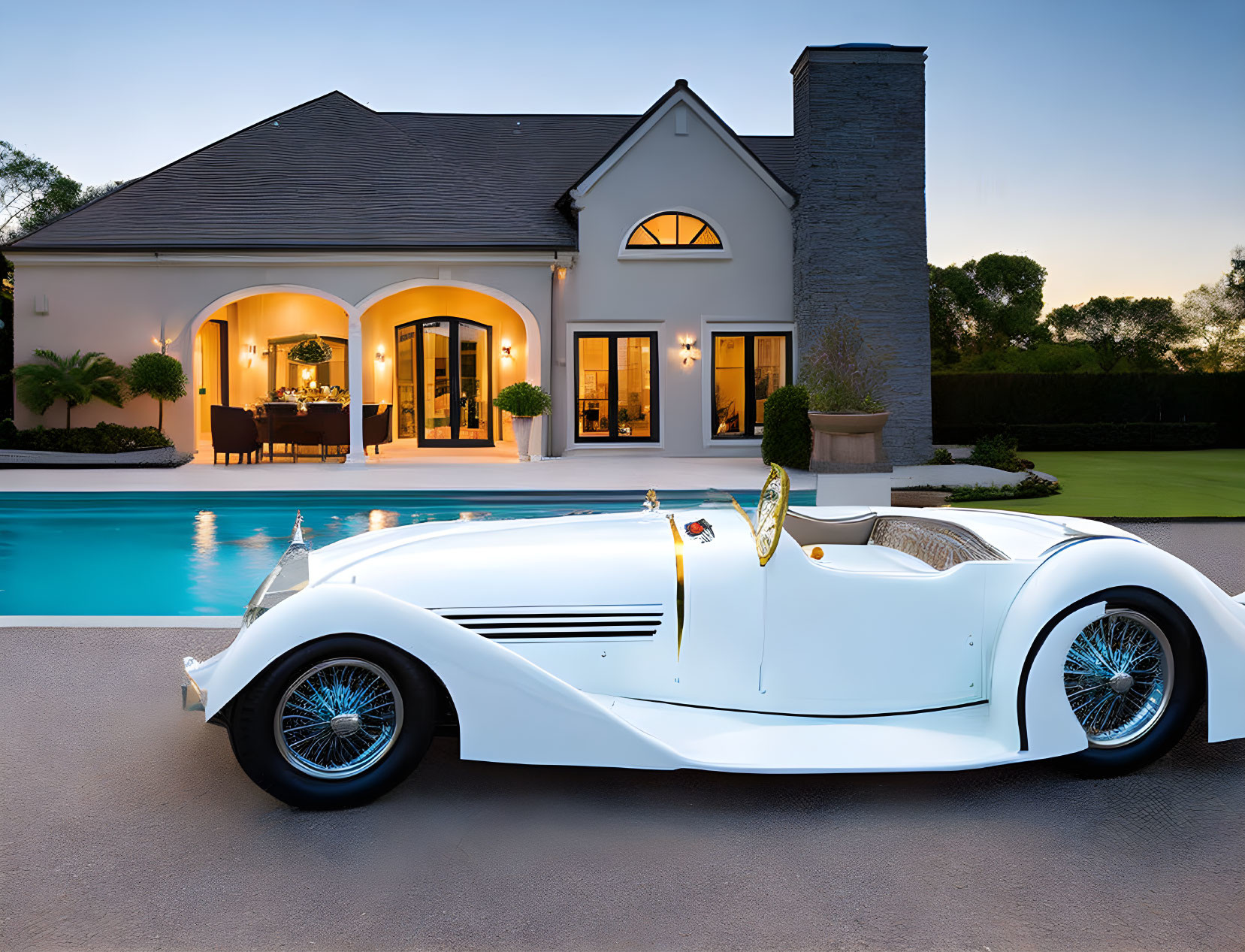 Vintage white car parked at luxury house with lit interior and pool at dusk