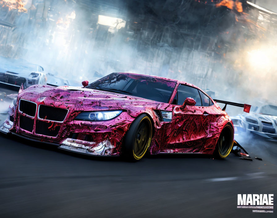 Modified BMW car drifts on track with pink and purple paint splatter design.