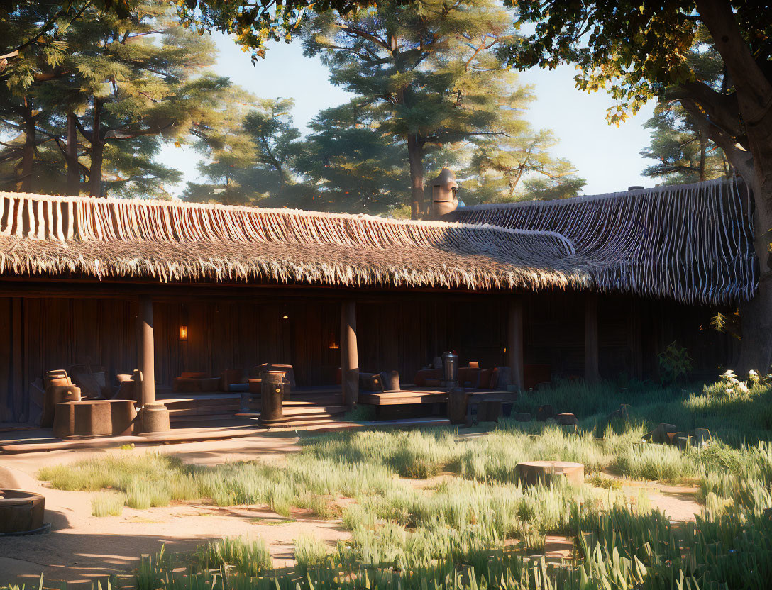 Traditional Japanese village house with thatched roof in serene setting