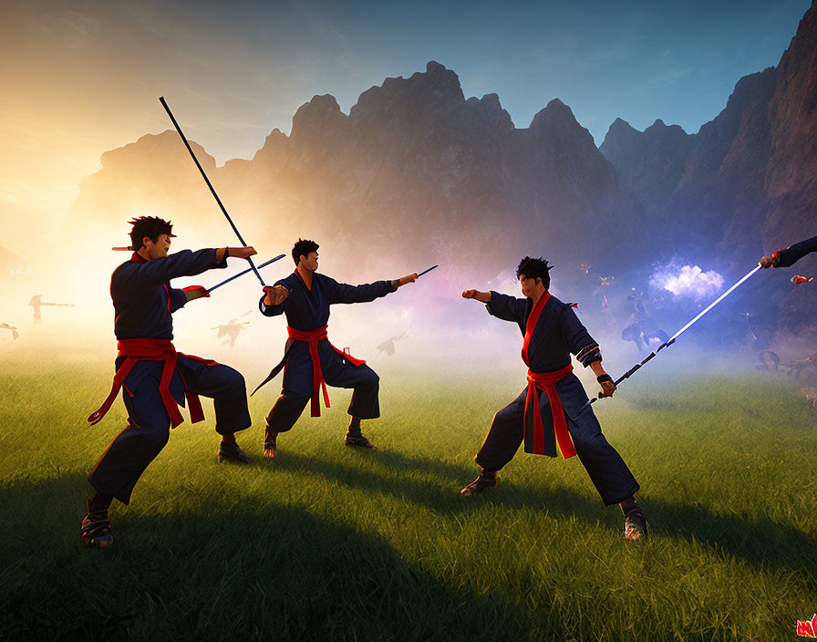 Animated samurai warriors sword fight in grassy field with horses and mountains.