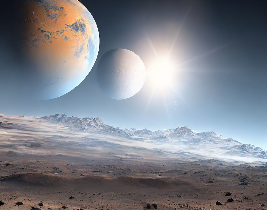 Barren extraterrestrial landscape with rocky terrain and celestial bodies.