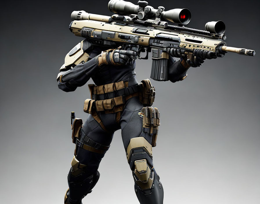 Person in tactical gear with camouflage sniper rifle and scope on grey background