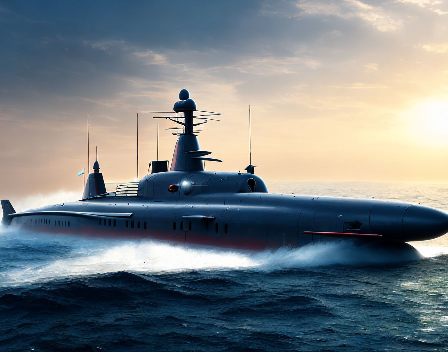 Sunset scene: modern submarine cutting through ocean waves