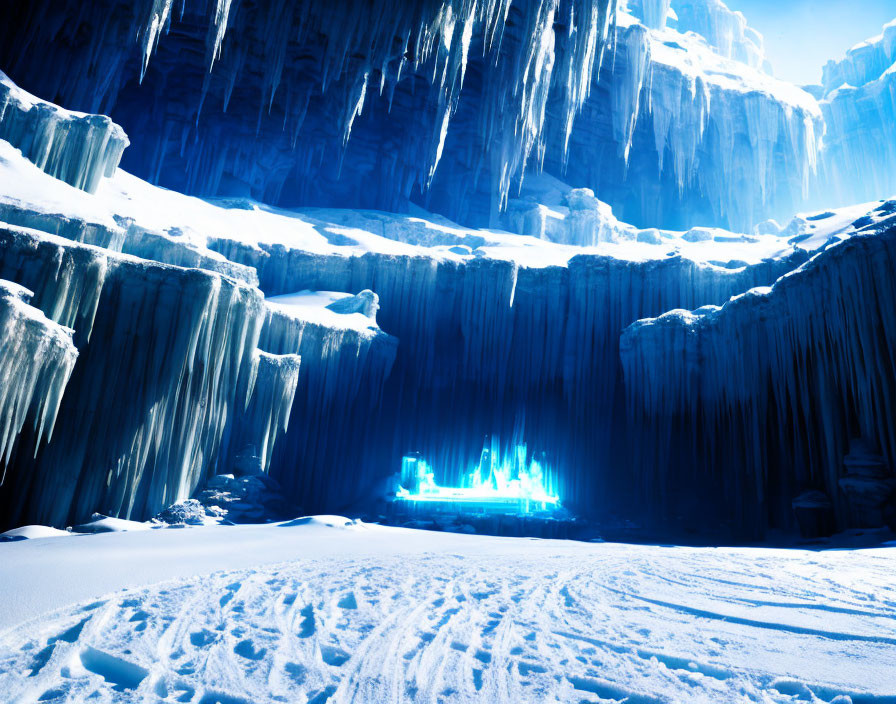 Majestic blue ice cavern with glowing structure and snow-covered surroundings