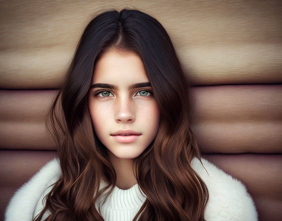 Portrait of young girl with wavy brown hair, green eyes, freckles, white sweater