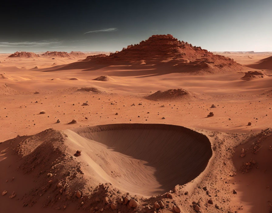 Majestic Martian landscape with crater, dunes, and hills